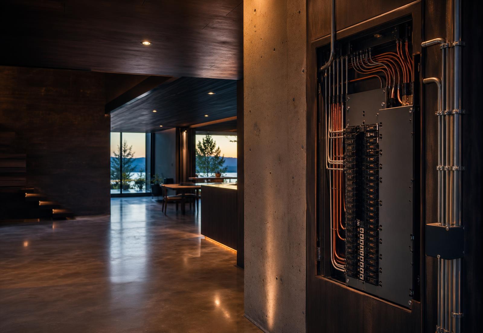 Modern British Columbia home interior with a finished electrical panel and warm architectural lighting